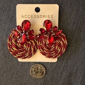 NWT Red Rhinestone Earrings w/Metallic Gold/Red Cording & Post Backs.